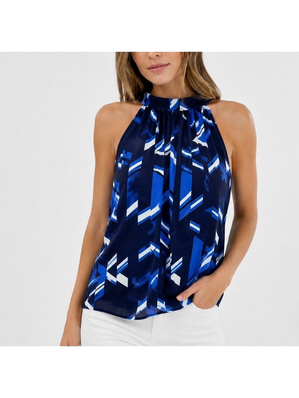 Veronica M Halter Blouse XS Blue Geometric Print Tie Neck Made in USA
